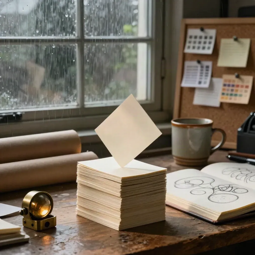 Rainy brainstorming studio with blank cards, sketchbook, corkboard, mug, brass paperweight, and kraft paper.
