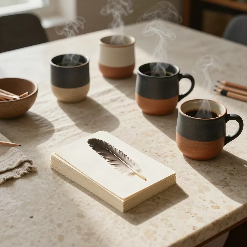 Overhead of a prompt deck, three stoneware mugs, linen runner, and cedar pencils on travertine.