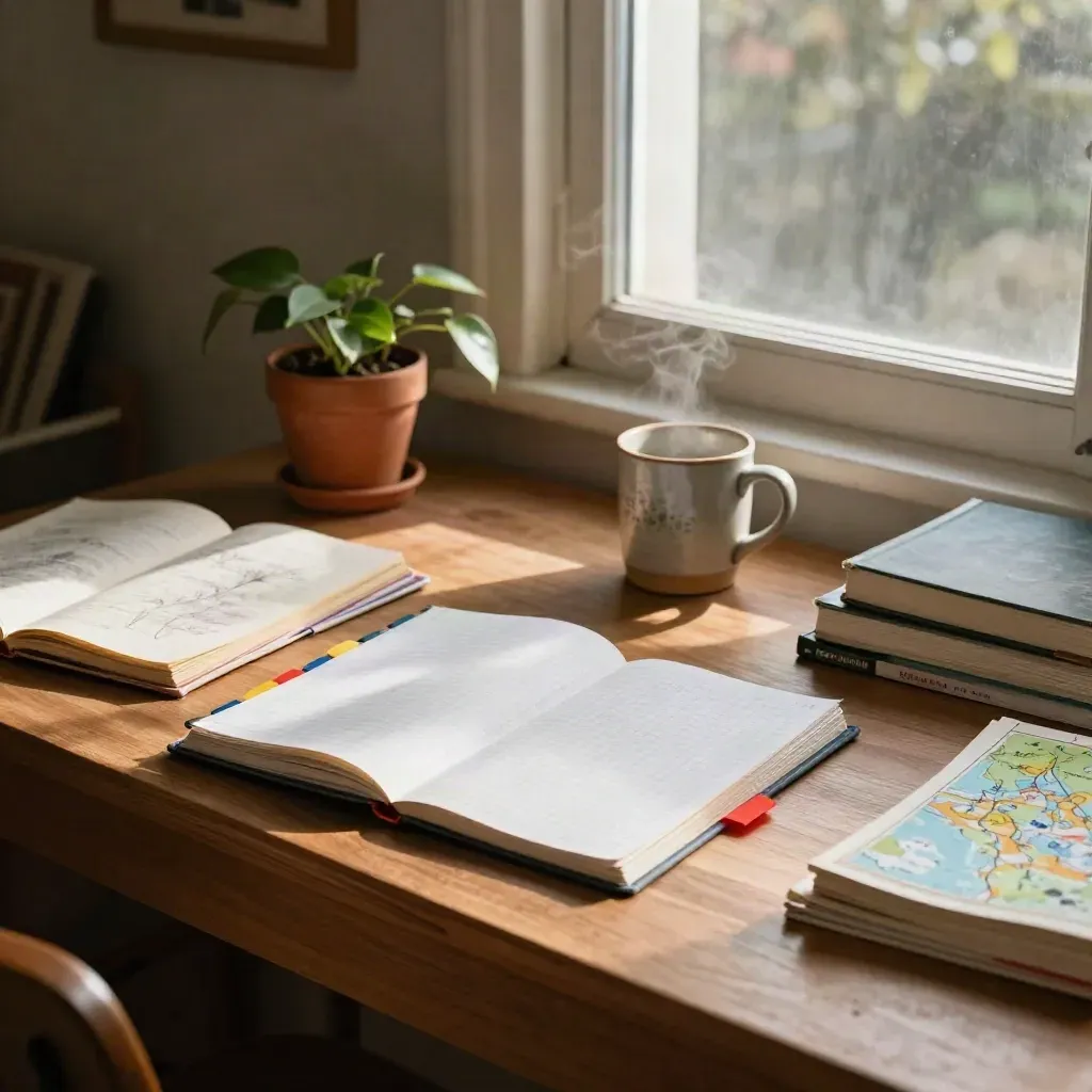 Student desk by window with study materials, steaming mug, plant, and red tabs in warm light.