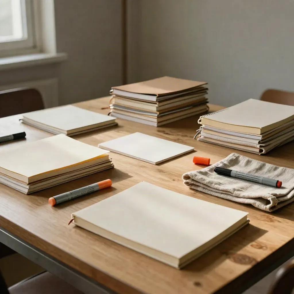 Moody studio table with grouped notebooks, cards, and marker caps in window light.