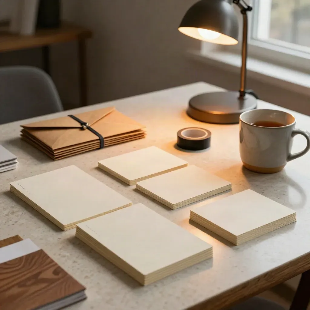 Launch-week planning cards, envelopes, tape spool, mug, and lamp on travertine
