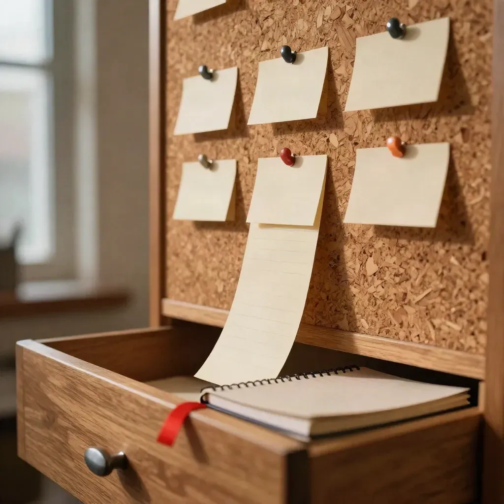 Cork wall with pinned name tabs, a drawer of tabs, and a folded notebook in warm window light.