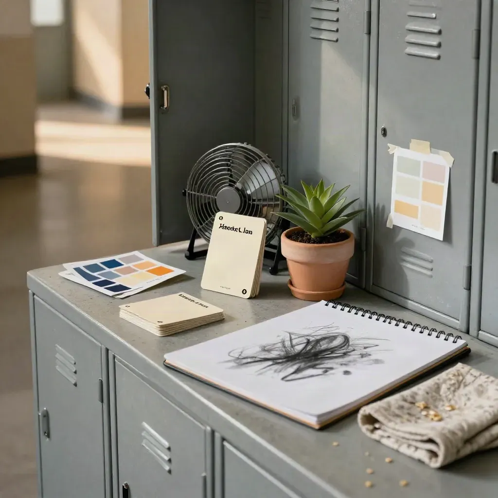 Locker-top study spot with cards, sketchpad, cloth, plant, and warm corridor light.